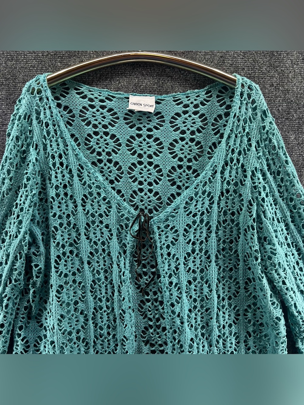 Vtg Caren Sport Crochet Tie Front Cardigan 1X Teal Boho Cottagecore Coastal - Picture 2 of 10